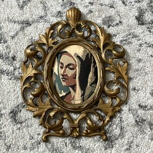 Vintage metal gold tone frame with oil painting